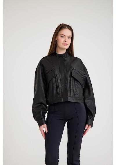 Oversize Bayan Deri Ceket Vb-24-bk-2797-24023 Siyah
