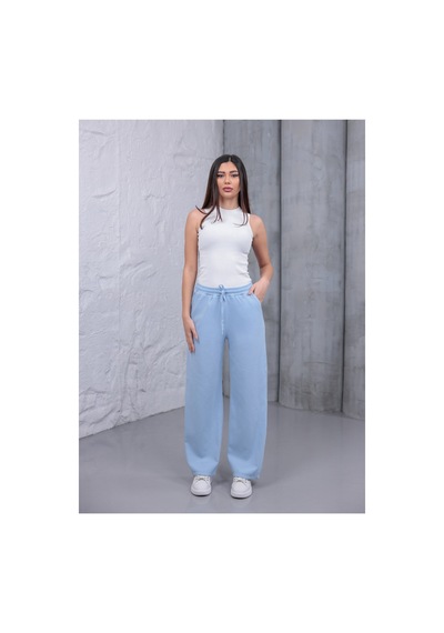 Myrab Denim Kadın Mavi Baggy Keten Pantolon Lastikli Bel Bağcıklı Rahat Geniş Paça Yazlık Pantolon