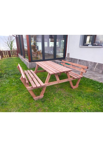 Şen Mobilya Banklı Piknik Masası Ahşap Masa Bahçe P6 Maun
