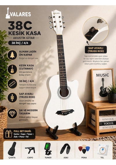 Valares 38c Kesik Kasa Beyaz Akustik Gitar 38 İnç 4/4 Yetişkin Üst Segment Çanta Capo Askı Pena