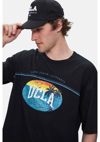 Ucla Aıre Siyah Bisiklet Yaka Baskılı Oversize Erkek Tshirt Siyah
