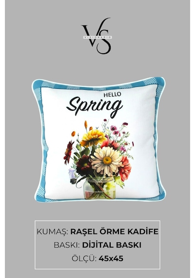 Kırlent Kılıfı Bahar Temalı Hello Spring 45x45 Raşel Örme Kadife Dijital Baskı Beyaz Biyeli Çok Renkli