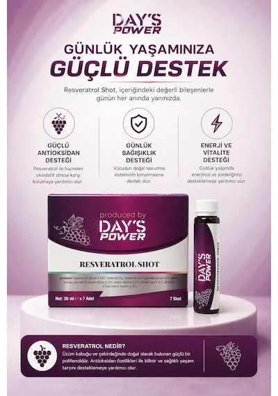 Day S Power Resveratrol Shot 7 Adet - Üzüm Çekirdeği Ekstresi & Kuersetin Destekli