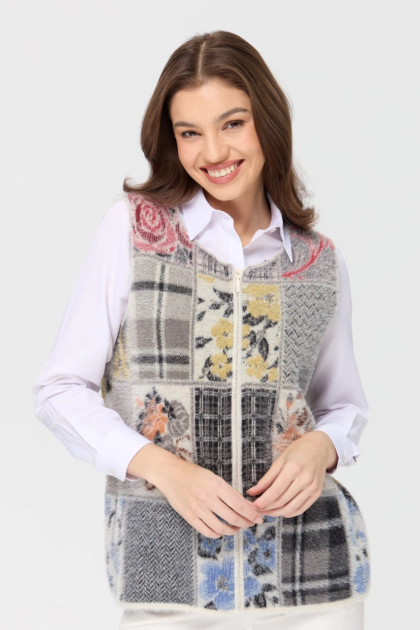 Desen Triko Kadın Sıfır Yaka Patchwork Yelek Kemik Kemik