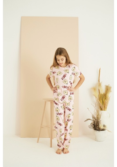 Siyah İnci Pamuklu Bisiklet Yaka Örme Pijama Takım25107155 Pembe