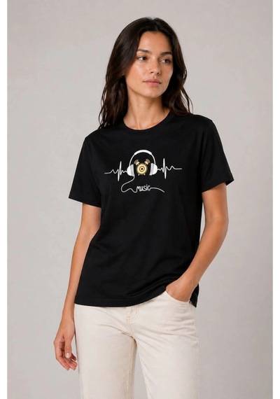 Wear Vexel Kadın Müzik Temalı Baskılı Tişört Bisiklet Yaka Kısa Kol T-shirt - Siyah Siyah