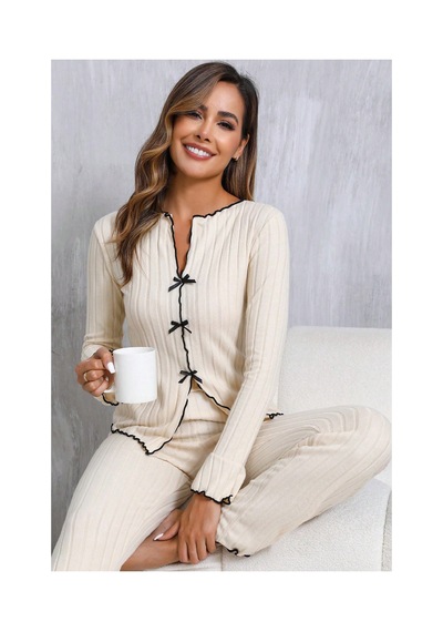 Angbutik Kadın Ekru Fitilli Şık Pijama Takımı Fiyonk Detaylı Rahat Ev Giyim Seti
