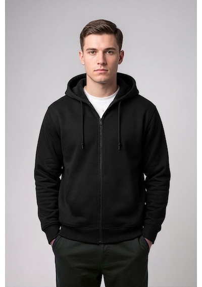 Markapia Erkek Fermuarlı Kapüşonlu İçi Polarlı Sweatshirt Siyah