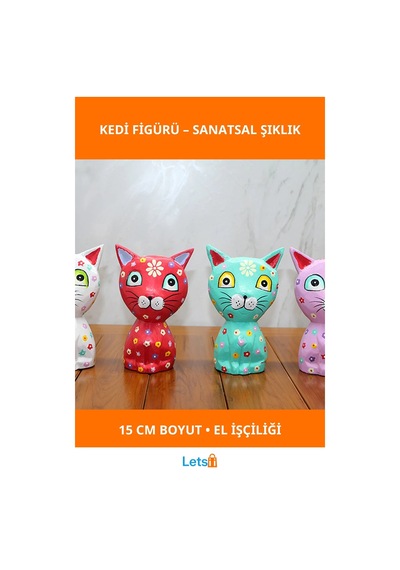El Yapımı Renkli Ahşap Tekli Kedi Figürü 15 Cm Dekoratif 1 Adet
