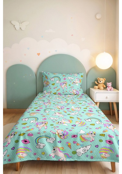 Evimde Bambaşka Mint Unicorn Gökkuşağı Kız Çocuk Pike Takımı-pastel Bulut Kalp Bebek Odası Yatak Örtüsü-160x220  CM