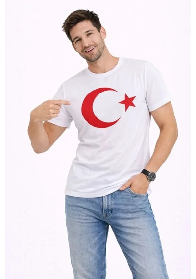 Yake Store Erkek T-shirt Kısa Kol Bisiklet Yaka Ay Yıldız Bayrak Baskılı Tişört - Beyaz - Beyaz