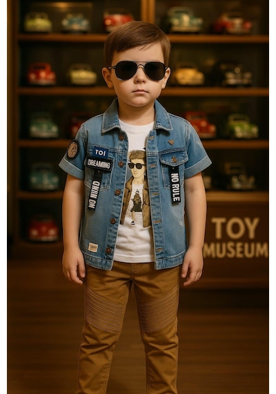 Erkek Çocuk 3'lü Takım Denim Ceket + Astronot Baskılı Tişört + Hardal Pantolon-204 Beyaz