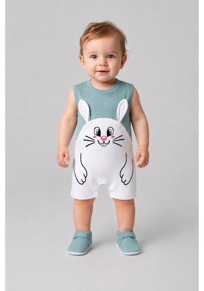 Babyden's Erkek Bebek Tavşan Desenli Yazlık Tulum Fitilli Pamuklu Kolsuz Bebek Tulumu Çıtçıtlı Romper 0-9 Ay Haki