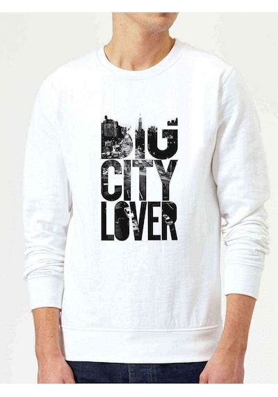 Big City Lover Baskılı Beyaz Erkek Örme Sweatshirt (530945752)