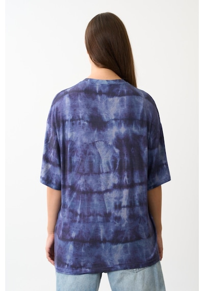 Bisiklet Yaka Batik Baskı T-shirt Mavi