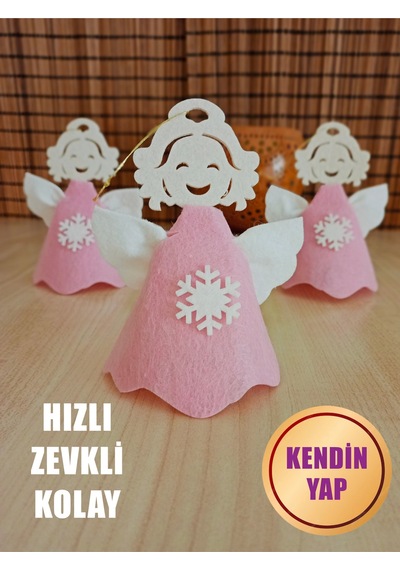 Pembe Elbiseli Keçe Melek 3'lü Set Yılbaşı Süsü - Kendin Yap Kolay Montessori Aktivite