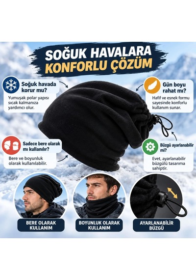 Genel Unisex Polar Bere Boyunluk 2 Adet Seti 2'si 1 Arada Büzgülü Sıcak Tutan Siyah / Standart / 2 Adet