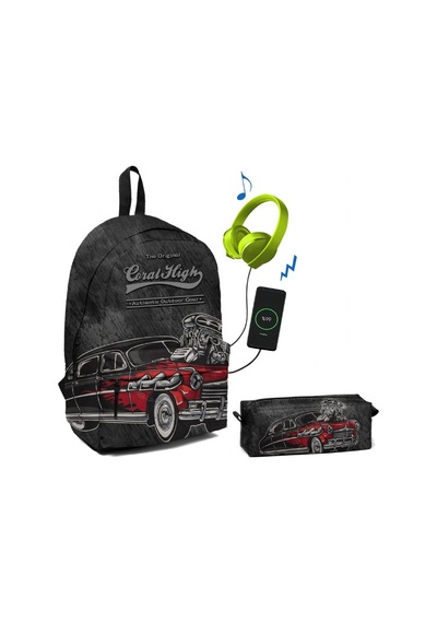 Coral High Siyah Klasik Araba Desenli Okul ve Günlük Çanta Seti