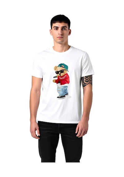 Paybuy Erkek Müzisyen Ayı Baskılı Tişört Sunglasses Şapka Mikrofon Grafi Beyaz