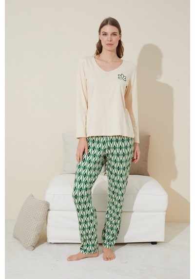 Siyah İnci Pamuklu Örme Pijama Takım 24240123 Krem