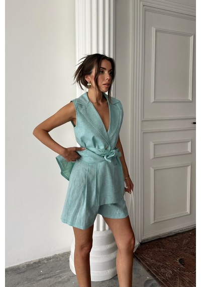 Moderie Butik Keten Yelek - Şort Takım - Mint Mint