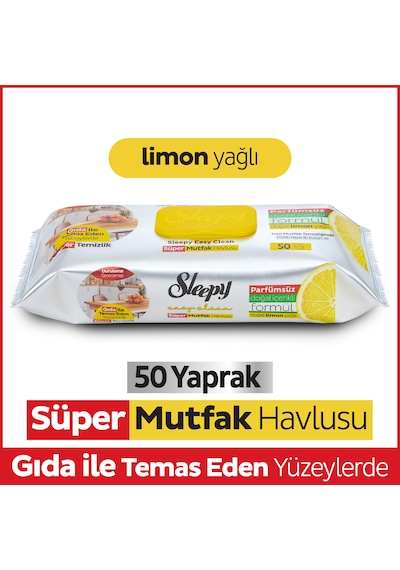 Sleepy Easy Clean Süper Yüzey Temizlik Mutfak Havlusu Mendili Limon Yağlı Beyaz 50'li