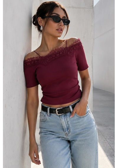 Bordo Dantelli Madonna Yaka Slim Fit Tişört Mg2743