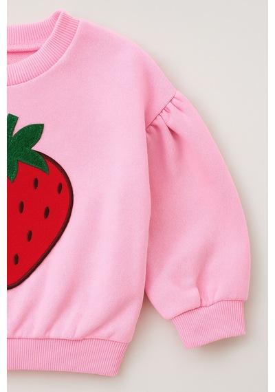 Kız Çocuk Bisiklet Yaka Uzun Kollu Pembe Çilek Desenli Rahat Kalıp Sweatshirt - Kız Çocuk Sweatshirt Pembe