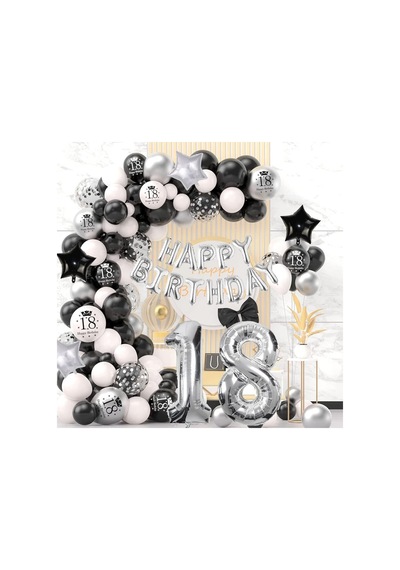 18. Yaş Doğum Günü Dekorasyonu, Balon, Çelenk, Siyah, Beyaz, Gümü Çok Renkli