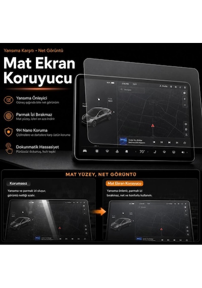 Tesla Model Y İle Uyumlu Mat Ekran Koruyucu 16 İnç Multimedya, 9h Esnek Nano Cam, Anti Glare
