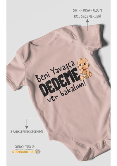 Morivokids Beni Yavaşça Dedeme Ver Bakalım Kısa Kollu Bebek Body %100 Pamuk Pastel Pembe