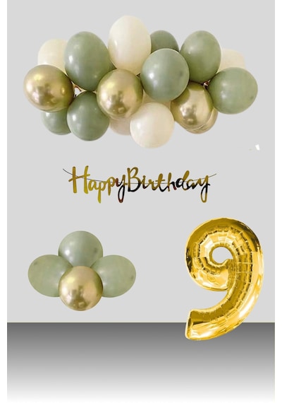 9 Yaş Retro Krom Gold Küf Yeşili Kum Beji Balon Happy Birthday Banner Gold Rakam Doğum Günü Süsleme Çok Renkli