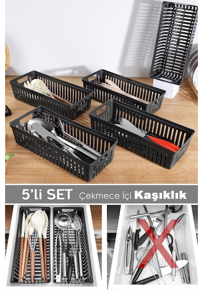 5'li Modüler Kaşıklık Seti - Mutfak Düzenleyici Çekmece İçi Organizer Bıçaklık Kepçelik Siyah Siyah