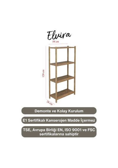 Fida Atlantik Çam Kitaplık 4 Raflı Ahşap Modern Kolay Montaj