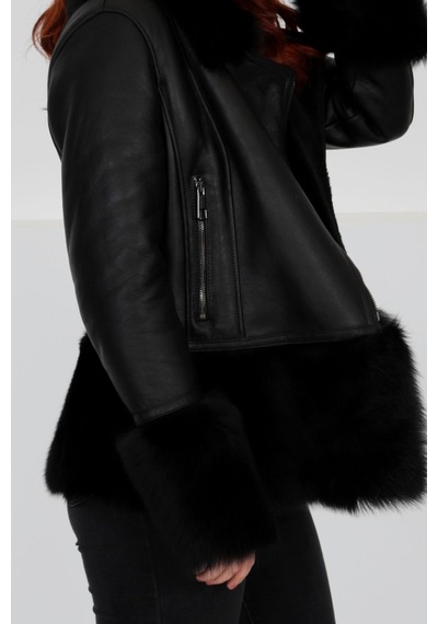 M M Marki Marki Lux Hakiki Deri Mont, Gösterişli Kürk Yaka/bilek/etek, Su Geçirmez - Siyah Elegant Fur - 103422