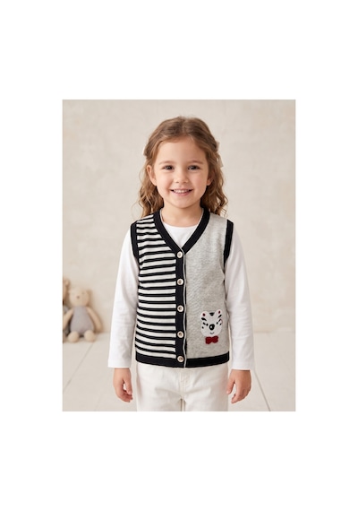 Deniva Kids Unisex Çocuk Çizgili Ve Ayıcık Figürlü Düğmeli Triko Süveter Yelek - Bej 1 Yaş