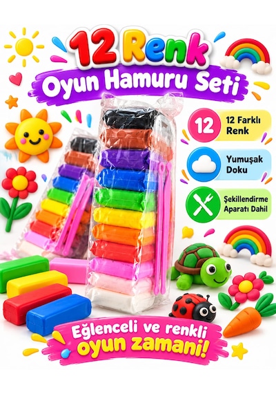 Oyuncak 12 Renk 24 Adet Zıplayan Havayla Kuruyan Yumuşak Kil Hamuru Kalıp Aksesuar Oyun Hamur Seti 38 Parça Çok  Renkli