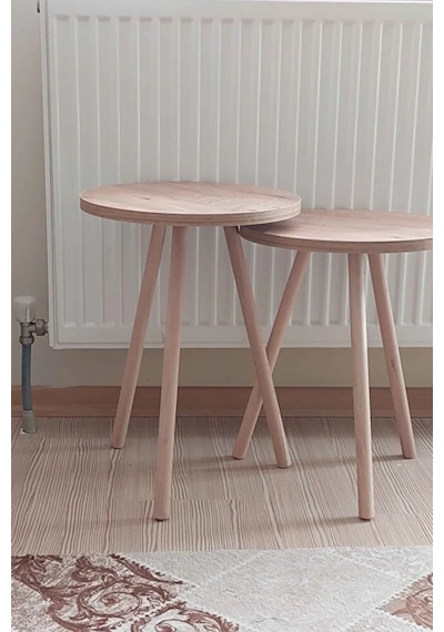 2'li Zigon Sehpa Seti Saksılık Ve Çiçeklik Standı, Dekoratif Yan Sehpa Ahşap Ayaklı 33 Cm Çap - Atlantik Çam Atlantik Çam
