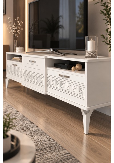 Sulorahome Gümüş Detaylı Beyaz Tv Sehpası 160 Cm Beyaz - Gümüş
