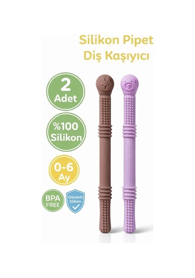 Bebek Diş Kaşıyıcısı Silikon Pipet & Diş Kaşıyıcı Set 2 Li Kahverengi & Mor Yeşil - Sarı