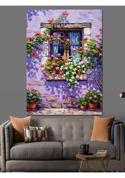Ahşap Tablo Mor Çiçekli Pencere Ve Duvar