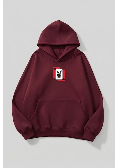 Uyguntarz Unisex Yumuşak Dokulu Playboy Baskılı Tasarım Oversize 3 İplik Hoodie Sweatshirt Bordo