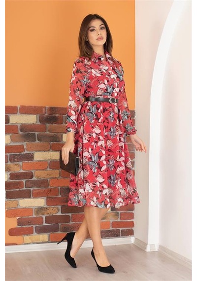 Dip Moda Kadın Gömlek Yaka Kemerli Çiçekli Şifon Elbise Dpry0031 Bordo