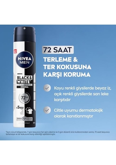 Erkek Sprey Deodorant Black White Invisible Original 200ml 72 Saat Anti-perspirant X3 Adet Avantajlı Set