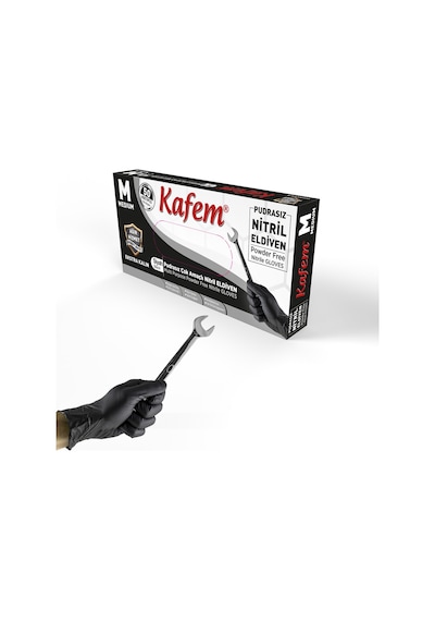 Kafem Siyah Nitril Eldiven Pudrasız Ekstra Kalın (M) 50 Li X 5 Paket