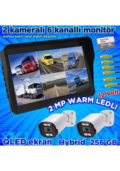 2 Adet Ahd 2 Mp Beyaz Warm Ledli Kamera 10'' Qled 6 Kanallı Monitör Seti 12 V 256 Gb
