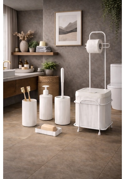 Decorev 6'lı Banyo Seti Metal Standlı Beyaz Ahşap Desenli Tuvalet Wc Kağıtlık Seti