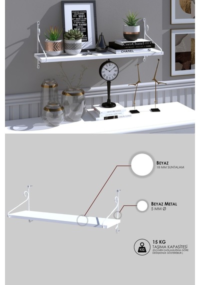 Decormet Seramoni Raf Seti 1 Raflı 200 720 Metal Beyaz+ahşa Beyaz