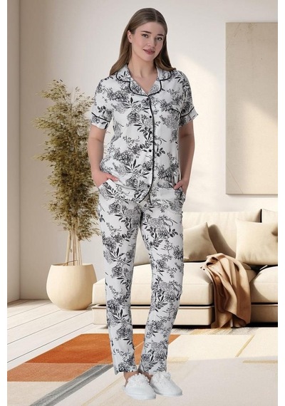 Mecit Pijama Mecit 6015 Çiçek Desenli Boydan Düğmeli Kadın Pijama Takımı 001