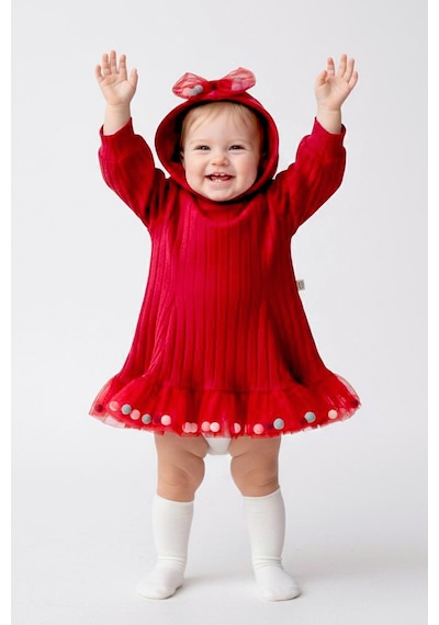 Babymod Kapüşonlu Fiyonklu 100% Pamuk Kız Bebek Elbise Kırmızı